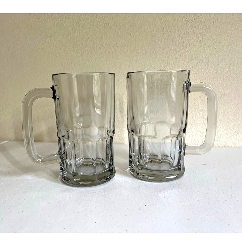 Vintage Set of 2 Anchor Hocking Glass Beer Mugs USA Heavy Barware Oktoberfest